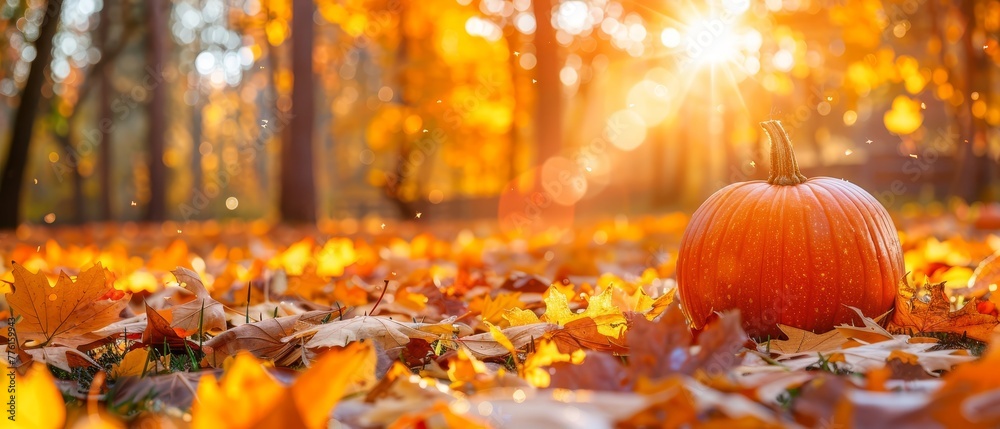A pumpkin atop a leafy mound in a forest, bathed in sun's rays filtering through trees A pumpkin atop a leafy mound in a forest, bathed in sun's rays filtering through trees