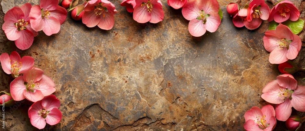 A bouquet of pink flowers against a stone backdrop Inscribe text or add an image here 39 tokens..Or,..Stone background with a A bouquet of pink flowers against a stone backdrop Inscribe text or add an image here 39 tokens..Or,..Stone background with a