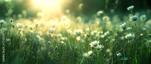  A tight shot of a grassy expanse teeming with flowers in foreground, sun gleaming behind