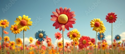  A field filled with colorful flowers under a blue sky background is not necessarily a sunflower field Sunflowers have distinctive yellow petals and large brown central discs Correct text