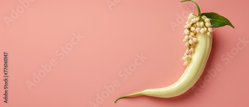 A green pea pod against pink backdrop, bearing white seeds; green leaf graces its end