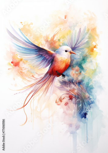 Watercolor flying bird rainbow colored on white background