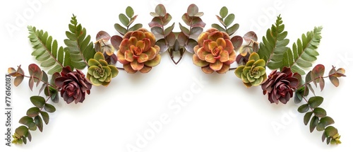   A horizontal arrangement of succulents and leaves against a white backdrop  allowing room for text