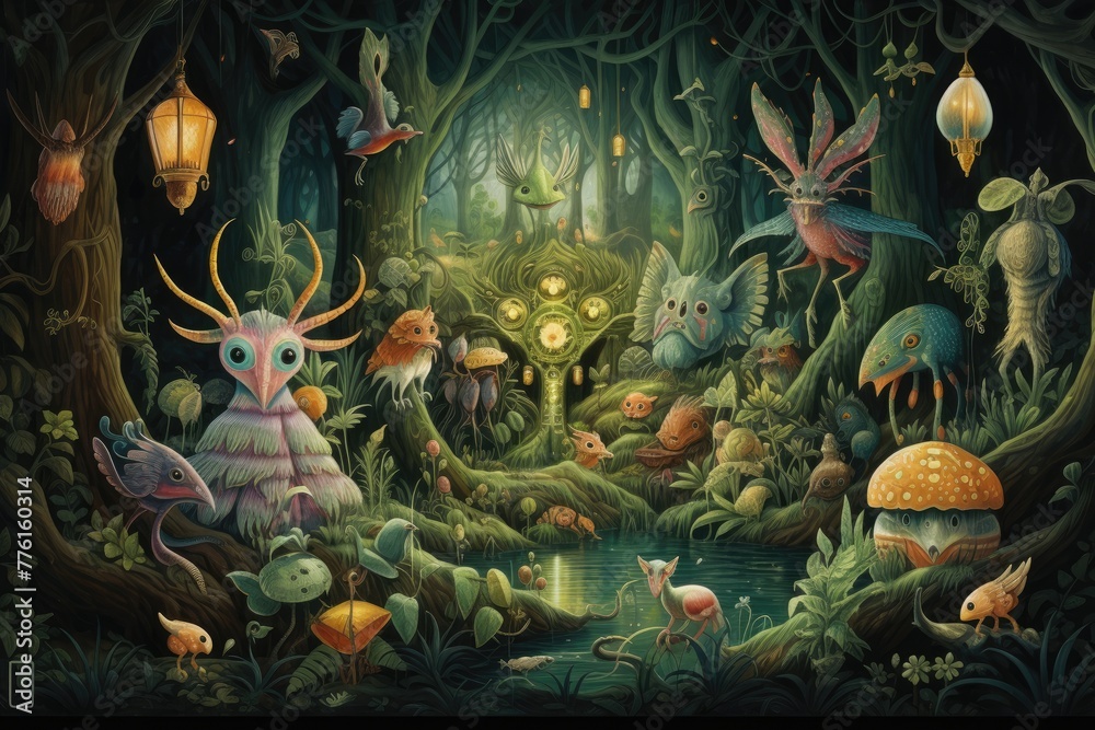 An enchanted forest concept with various mythical creatures, Ai generated