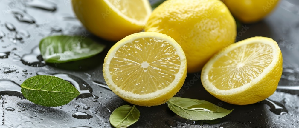 A collection of lemons atop a table near a green, leafy plant A collection of lemons atop a table near a green, leafy plant