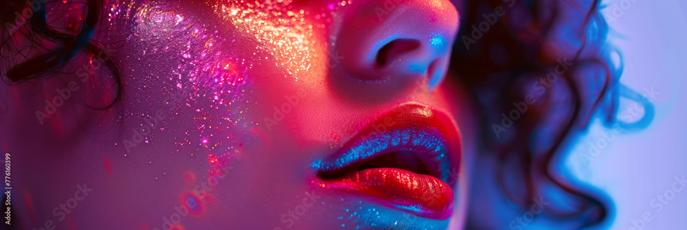 Close-up of young woman with holographic makeup. Banner with synthwave, retrowave, vaporwave aesthetics. Close-up of young woman with holographic makeup. Banner with synthwave, retrowave, vaporwave aesthetics.