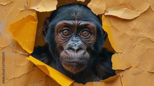   A monkey peeringly examines the edge of a yellowed paper, revealing a worn-out hole through which it gazes The once vibrant hue of the paper now fades photo