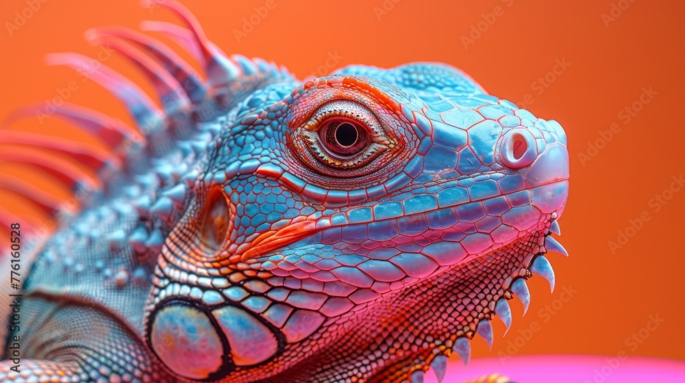   Close-up of a lizard's head against a pink-orange backdrop, featuring a distinct red spot