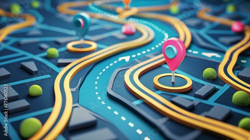 Vector art illustration of a stylised road map, bright roads are marked with coloured pins