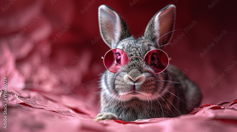   A tight shot of a rabbit donning sunglasses atop a pink bedsheet Behind it, a pink blanket