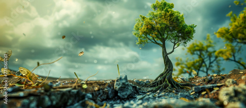 A small tree growing in a rocky field with a cloudy sky in the background