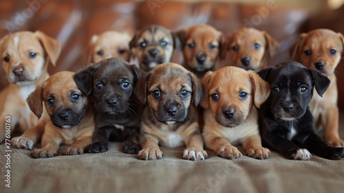   A cluster of puppies seated together atop a brown couch, surrounded by more puppies © Jevjenijs