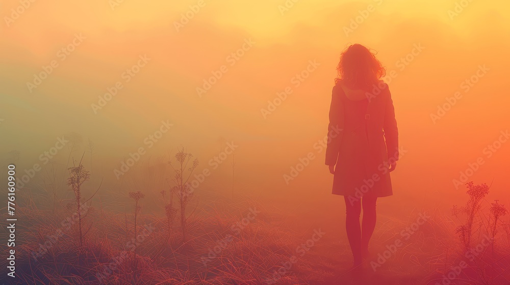   A woman faces away from the camera, standing in a foggy field The sun sets in the distance