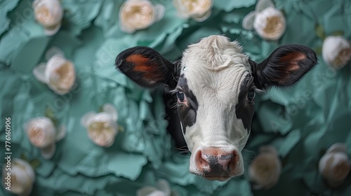  A tight shot of a cow's face against a green backdrop, adorned with white and yellow flower petals