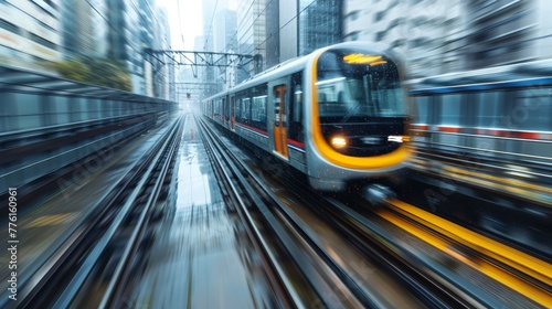   A yellow and white train travels down city train tracks, surrounded by towering buildings in the background © Jevjenijs