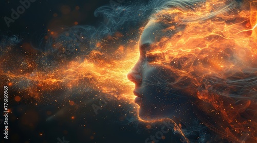   A woman's face with orange and yellow smoke swirling closely, emitting from it © Jevjenijs