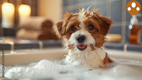  A small brown and white dog sits in a bathtub, surrounded by bubbles The floor is dotted with these suds A towel rests atop the tub's edge