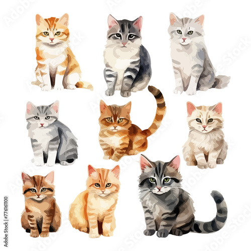 Watercolor Graphic vector of set cats, isolated on a white background, cat vector, clipart Illustration, Graphic logo, drawing design art, clipart image