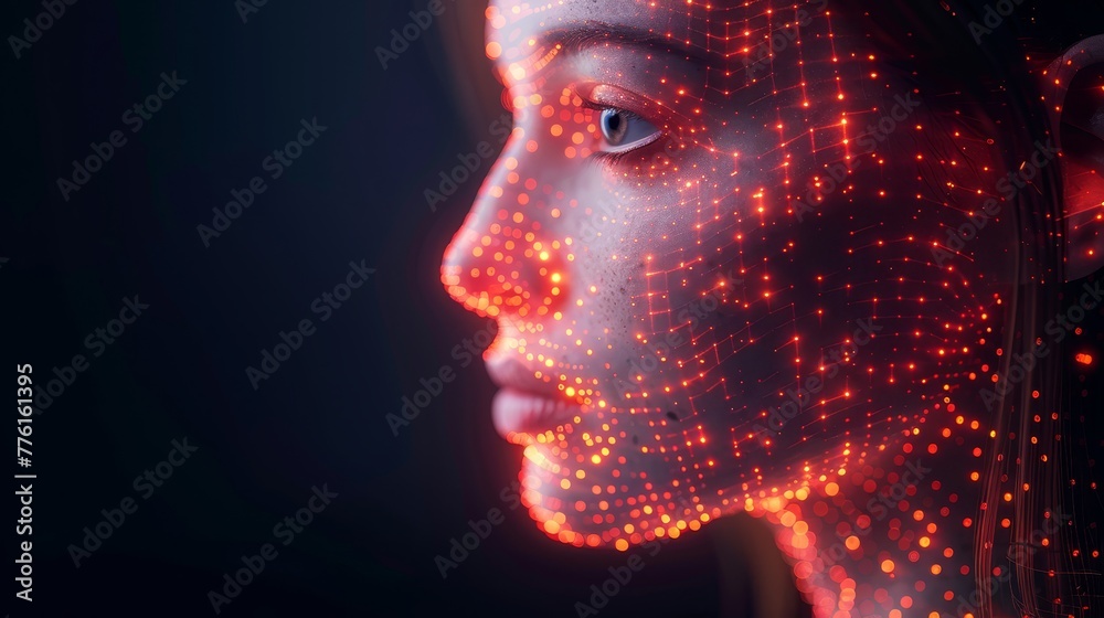A woman's face, tightly framed against a black backdrop, is adorned with numerous red dots A woman's face, tightly framed against a black backdrop, is adorned with numerous red dots