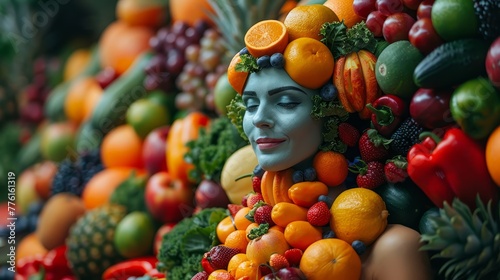   A statue portrays a woman's head encircled by fruits and vegetables, forming its face The figure is crafted entirely from produce