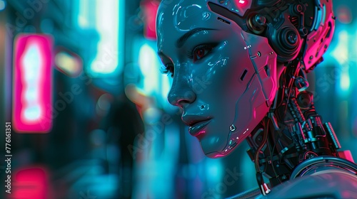Female biomechanical cyberpunk, cybernetics, porcelain white skin, human-machine fusion. Generated AI.  photo