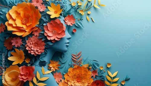 Girl face poster. Paper-cut style illustration of a face intertwined with flowers with copy space. 3D illustration. Happy Mother's Day, Women's Day