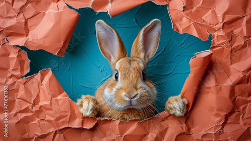  A rabbit peeks out from a hole in an orange sheet, set against a blue backdrop
