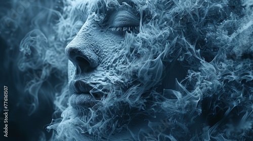  A detailed shot of a man's face engulfed in dense smoke, emanating from both his mouth and eyes