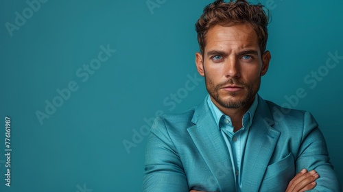   A man in a blue suit, arms crossed, seriously gazes into the camera