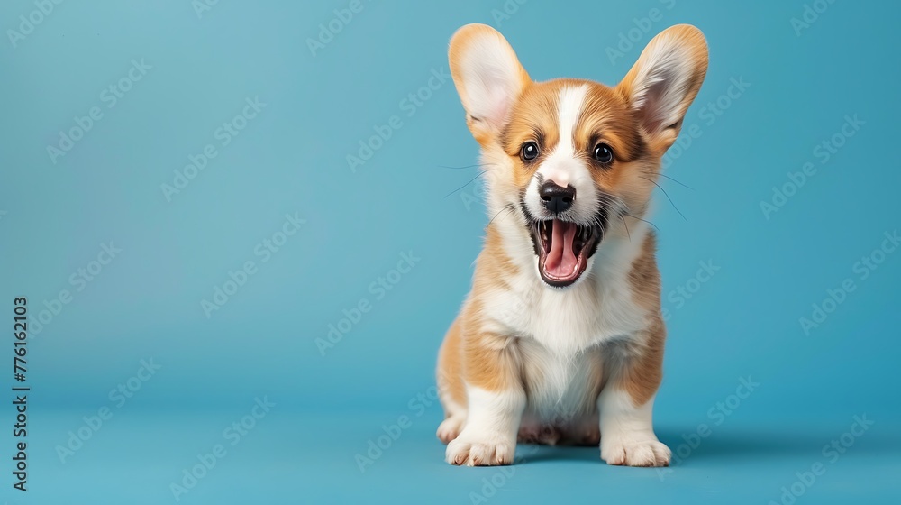 A funny studio portrait of a frightened corgi puppy isolated on a blue background