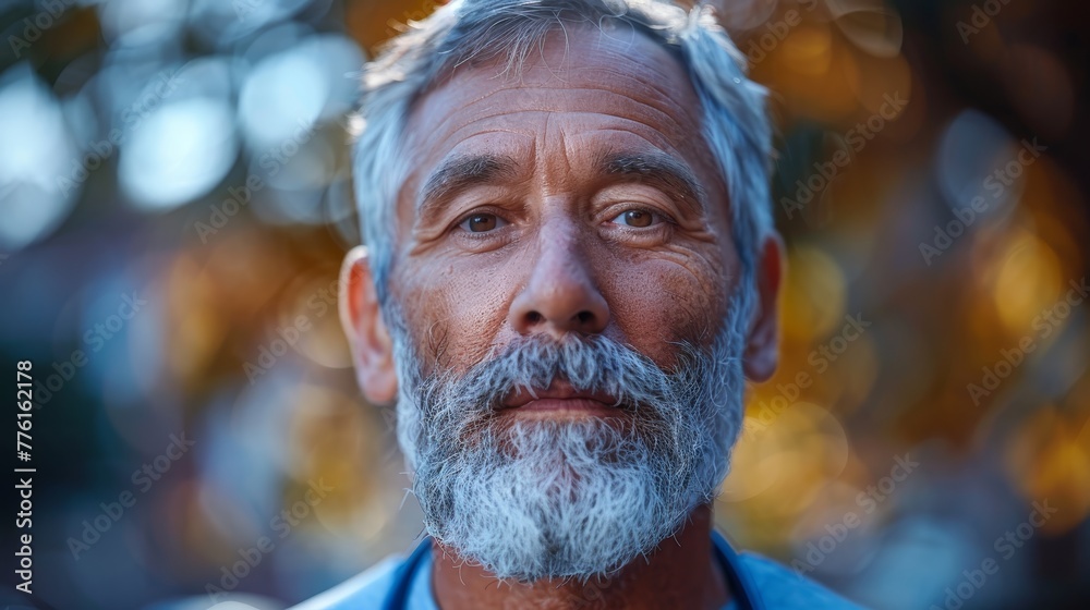   A man with a white beard wears a blue shirt, with a tree in the background