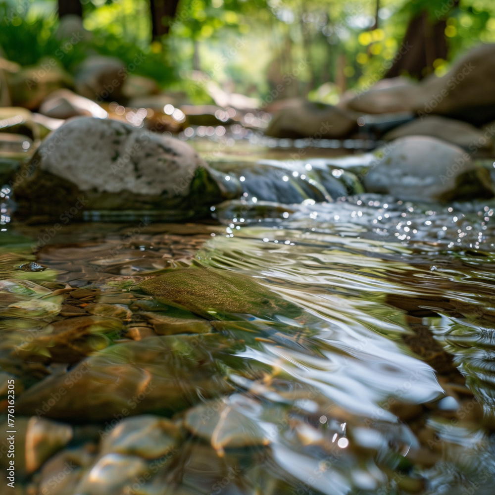 Obraz premium Transparent spring stream close up, water flowing gently over smooth stones, calm and refreshing spring atmosphere