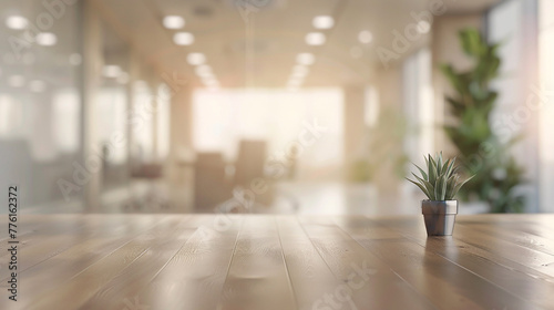 Wooden desk with plant in pot on blurred background. 3d rendering. AI.