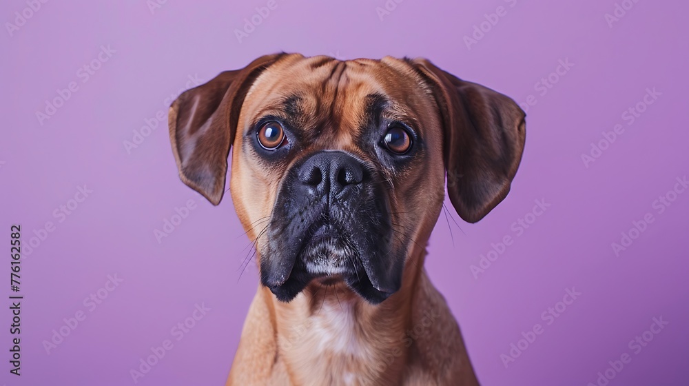 a King dog looking at the camera isolated on a purple background