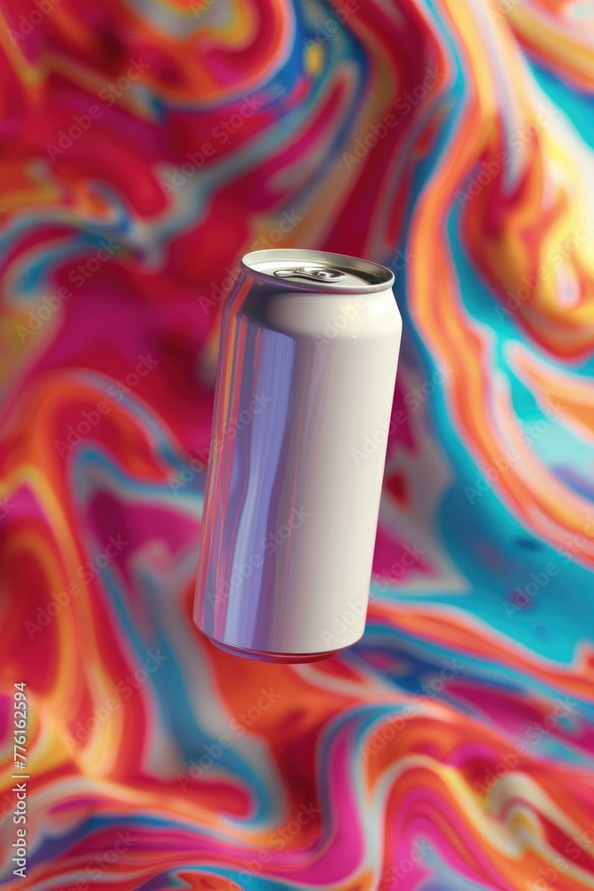 Realistic depiction of a levitating white soda can, set before a swirling, vivid abstract backdrop, 3D illustration Realistic depiction of a levitating white soda can, set before a swirling, vivid abstract backdrop, 3D illustration