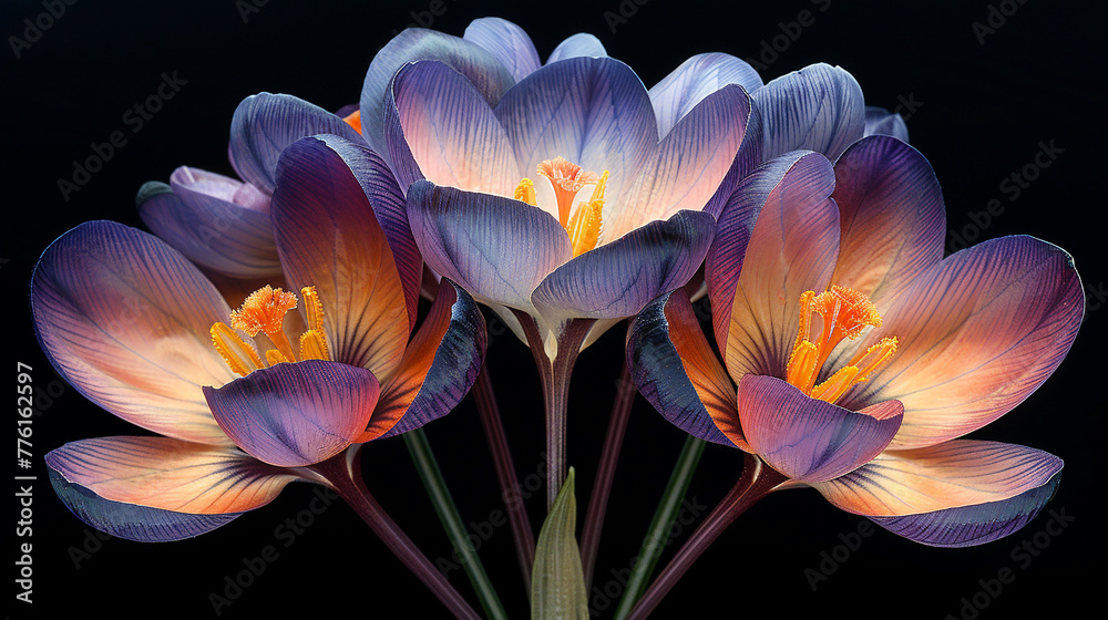 Beautiful crocus flowers isolated on black background. Close-up. AI. Beautiful crocus flowers isolated on black background. Close-up. AI.