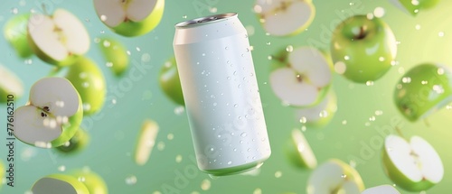 Hyper-realistic floating white soda can, with a dynamic, multi-colored abstract pattern in the background, 3D illustration