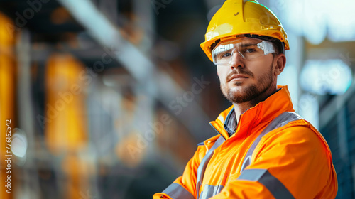 Portrait of a serious male worker in a yellow helmet and reflective vest. AI. © Alex Alex
