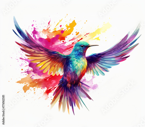 Rainbow colored bird flying watercolor on white background