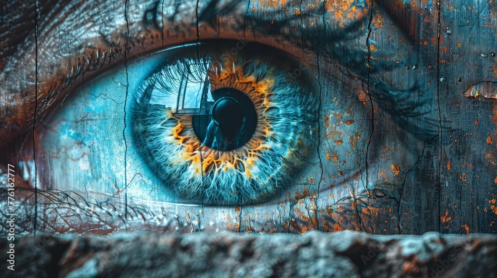   A tight shot of an eye with a superimposed cross within its iris - obrazy, fototapety, plakaty 