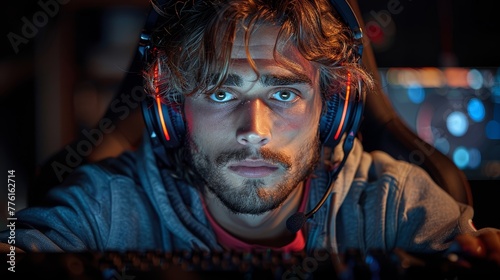   A tight shot of an individual donning headphones  gazing intently at the camera with a grave expression