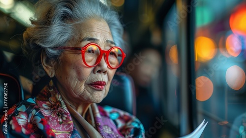  An old woman in red glasses reads a paper near a window with indistinct backlight