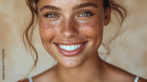  A close-up of a woman with freckled skin, adorned by the sun with hints of freckles on her hair and eyes