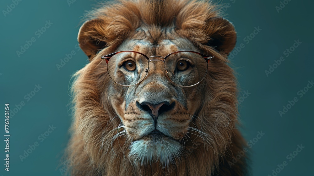   A tight shot of a lion wearing glasses, positioned against a backdrop of a blue wall