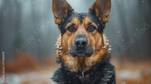  A dog's face up close, drops of water on its fur, surrounded by a forest background