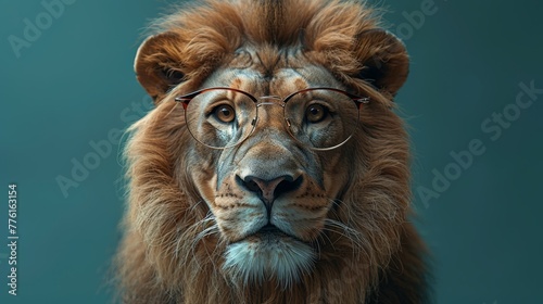   A tight shot of a lion wearing glasses  positioned against a backdrop of a blue wall