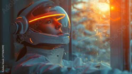   A woman in a spacesuit gazes out of a window at a snow-covered tree against a backdrop of a brilliant orange light photo