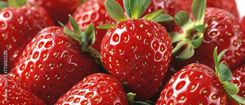  A tight shot of several strawberries  with one sporting a verdant leaf atop