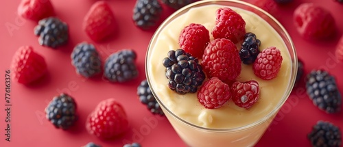  A glass holding a dessert with a near view, raspberries and blueberries surrounding it against a pink backdrop