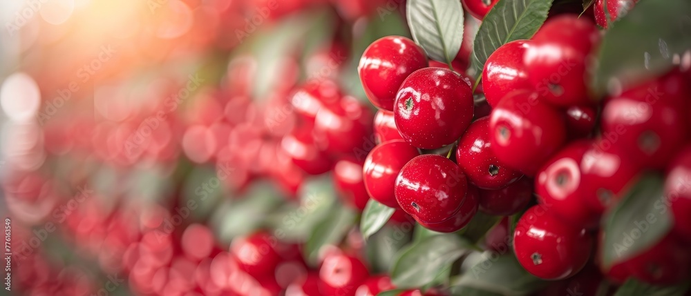   A tight shot of cherries cluster on a leafy branch against a backdrop of green foliage and vivid red berries - obrazy, fototapety, plakaty 